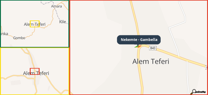 Map showing the address of Nekemte - Gambella in three different zoom levels.