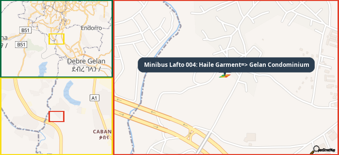 Map showing the address of Minibus Lafto 004: Haile Garment=> Gelan Condominium in three different zoom levels.