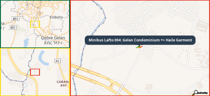 Map showing the address of Minibus Lafto 004: Gelan Condominium => Haile Garment in three different zoom levels.
