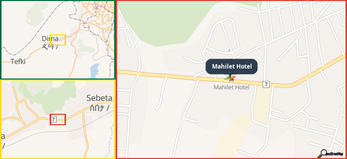 Map showing the address of Mahilet Hotel in three different zoom levels.