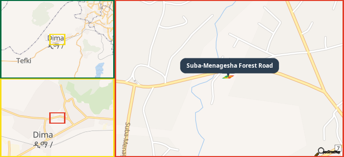 Map showing the address of Suba-Menagesha Forest Road in three different zoom levels.