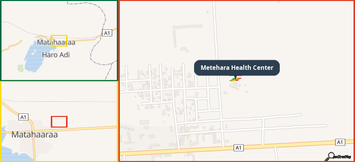 Map showing the address of Metehara Health Center in three different zoom levels.
