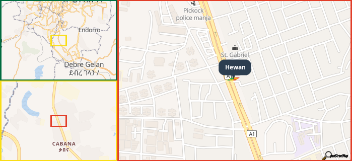 Map showing the address of Hewan in three different zoom levels.