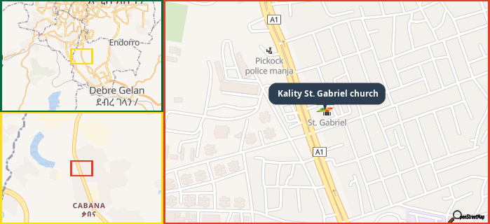 Map showing the address of Kality St. Gabriel church in three different zoom levels.