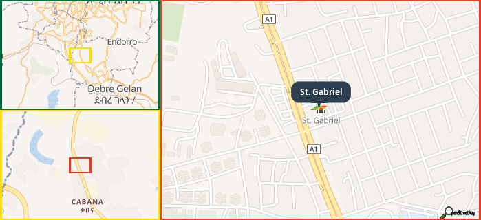 Map showing the address of St. Gabriel in three different zoom levels.
