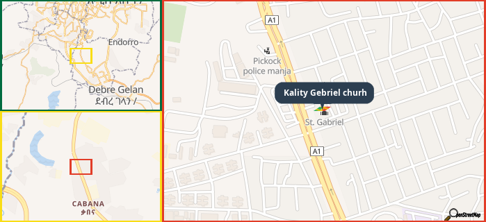 Map showing the address of Kality Gebriel churh in three different zoom levels.