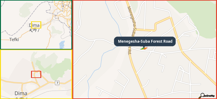 Map showing the address of Menegesha-Suba Forest Road in three different zoom levels.