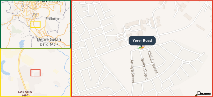 Map showing the address of Yerer Road in three different zoom levels.
