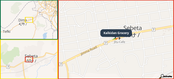 Map showing the address of Kalkidan Grocery in three different zoom levels.