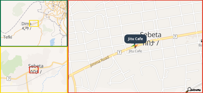Map showing the address of Jitu Cafe in three different zoom levels.