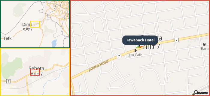 Map showing the address of Tawabach Hotel in three different zoom levels.