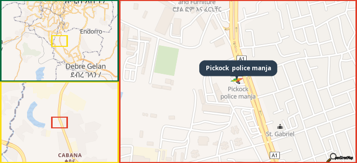 Map showing the address of Pickock  police manja in three different zoom levels.