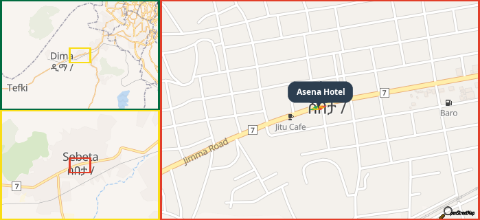 Map showing the address of Asena Hotel in three different zoom levels.