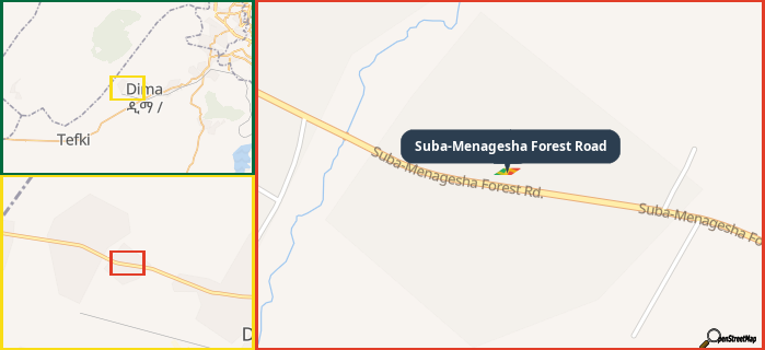 Map showing the address of Suba-Menagesha Forest Road in three different zoom levels.