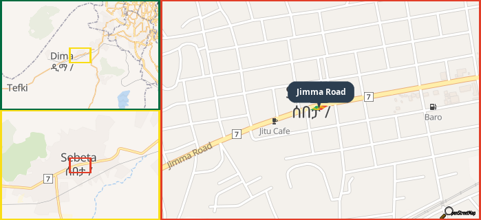 Map showing the address of Jimma Road in three different zoom levels.