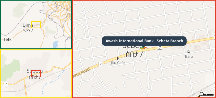 Map showing the address of Awash International Bank - Sebeta Branch in three different zoom levels.