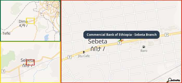 Map showing the address of Commercial Bank of Ethiopia - Sebeta Branch in three different zoom levels.