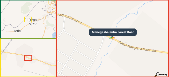 Map showing the address of Menegesha-Suba Forest Road in three different zoom levels.