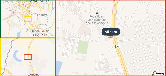 Map showing the address of ዳሽን ባንክ in three different zoom levels.