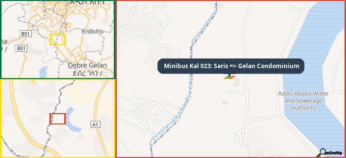Map showing the address of Minibus Kal 023: Saris => Gelan Condominium in three different zoom levels.