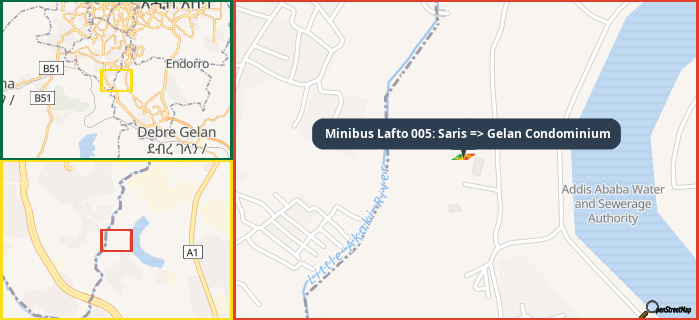 Map showing the address of Minibus Lafto 005: Saris => Gelan Condominium in three different zoom levels.