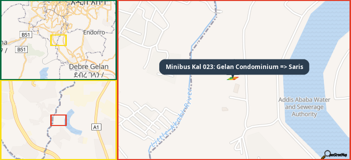 Map showing the address of Minibus Kal 023: Gelan Condominium => Saris in three different zoom levels.