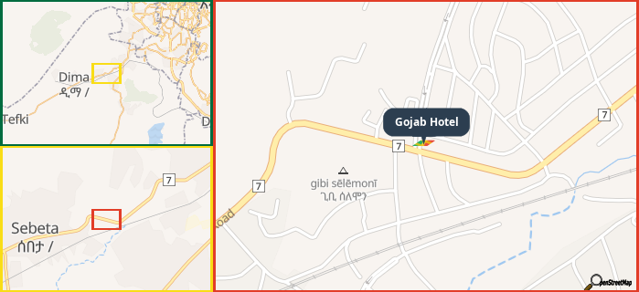 Map showing the address of Gojab Hotel in three different zoom levels.