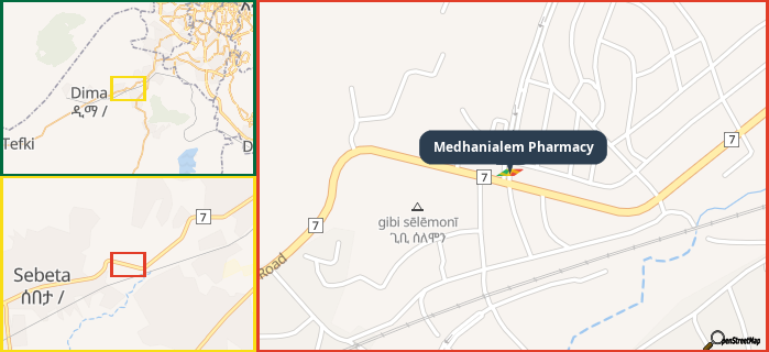 Map showing the address of Medhanialem Pharmacy in three different zoom levels.