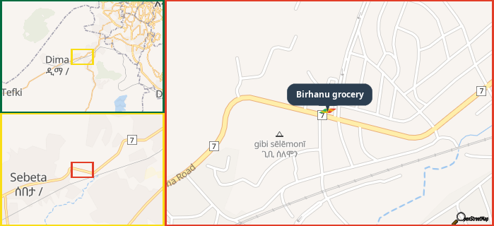 Map showing the address of Birhanu grocery in three different zoom levels.