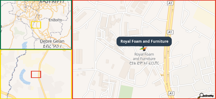 Map showing the address of Royal Foam and Furniture in three different zoom levels.