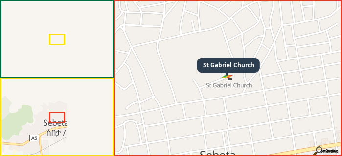 Map showing the address of St Gabriel Church in three different zoom levels.