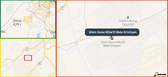 Map showing the address of `Alem Gena Mika'El Bete Kristiyan in three different zoom levels.