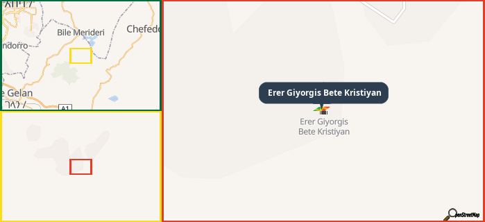 Map showing the address of Erer Giyorgis Bete Kristiyan in three different zoom levels.