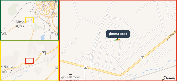 Map showing the address of Jimma Road in three different zoom levels.