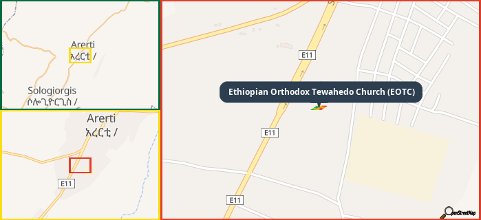 Map showing the address of Ethiopian Orthodox Tewahedo Church (EOTC) in three different zoom levels.