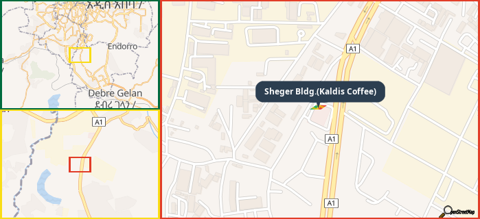 Map showing the address of Sheger Bldg.(Kaldis Coffee) in three different zoom levels.