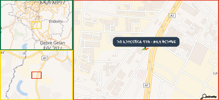 Map showing the address of ንብ ኢንተርናሽናል ባንክ - ቃሊቲ ቅርንጫፍ in three different zoom levels.