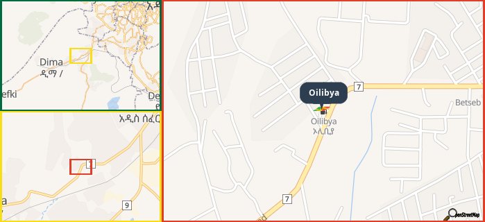 Map showing the address of Oilibya in three different zoom levels.