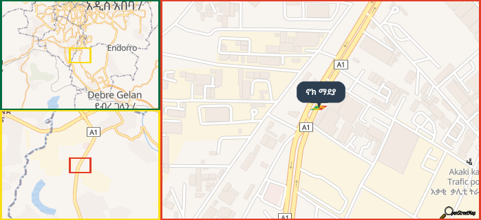 Map showing the address of ኖክ ማደያ in three different zoom levels.