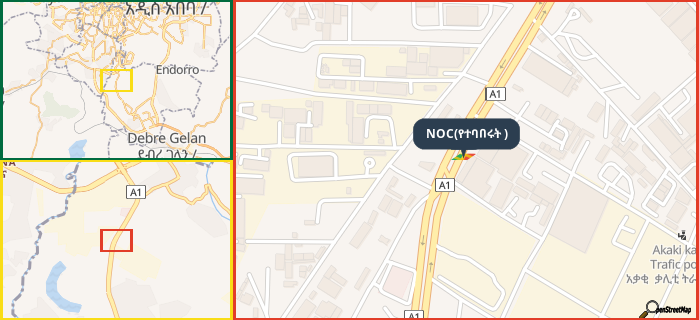 Map showing the address of NOC(የተባበሩት ) in three different zoom levels.