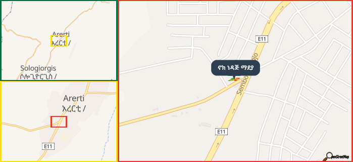 Map showing the address of ኖክ ነዳጅ ማደያ in three different zoom levels.