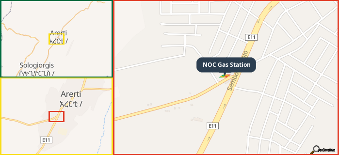 Map showing the address of NOC Gas Station in three different zoom levels.