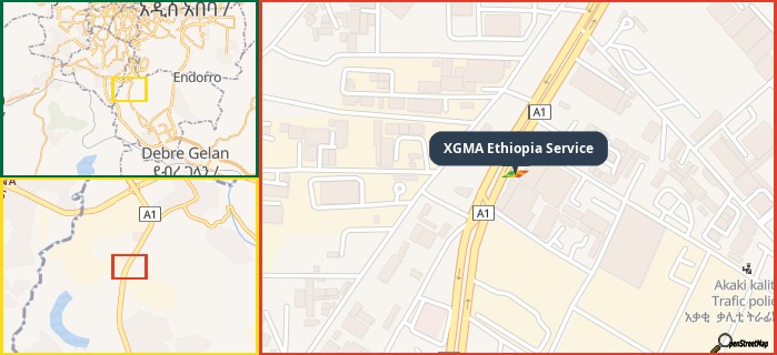 Map showing the address of XGMA Ethiopia Service in three different zoom levels.