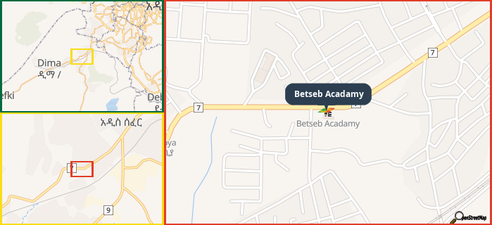 Map showing the address of Betseb Acadamy in three different zoom levels.