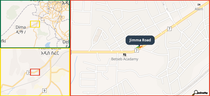 Map showing the address of Jimma Road in three different zoom levels.