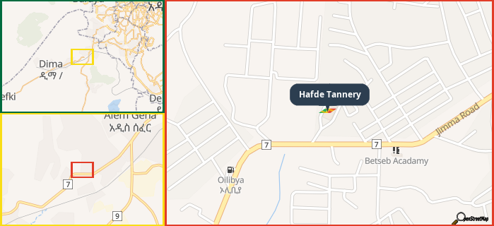 Map showing the address of Hafde Tannery in three different zoom levels.