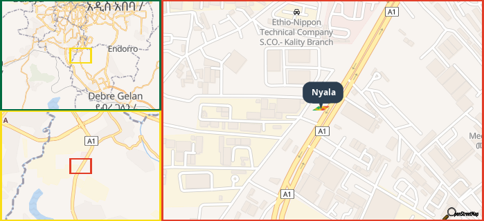 Map showing the address of Nyala in three different zoom levels.