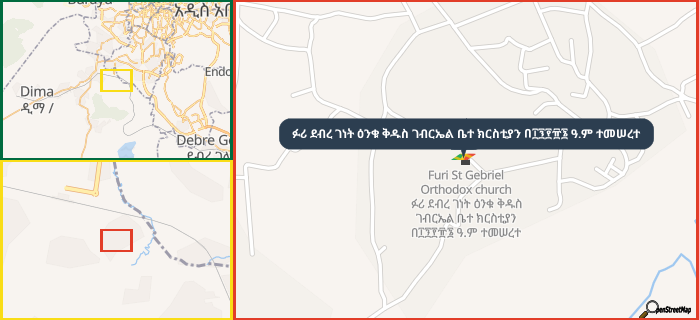 Map showing the address of ፉሪ ደብረ ገነት ዕንቁ ቅዱስ ገብርኤል ቤተ ክርስቲያን በ፲፺፻፹፮ ዓ.ም ተመሠረተ in three different zoom levels.
