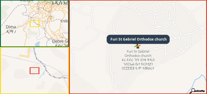 Map showing the address of Furi St Gebriel Orthodox church in three different zoom levels.
