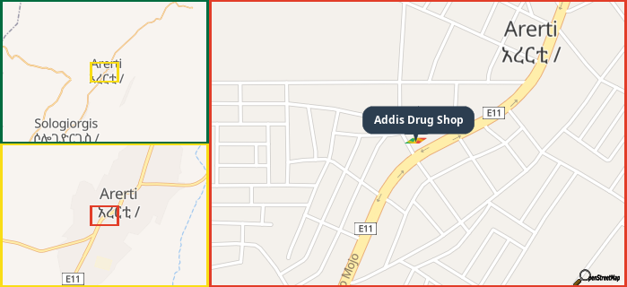 Map showing the address of Addis Drug Shop in three different zoom levels.
